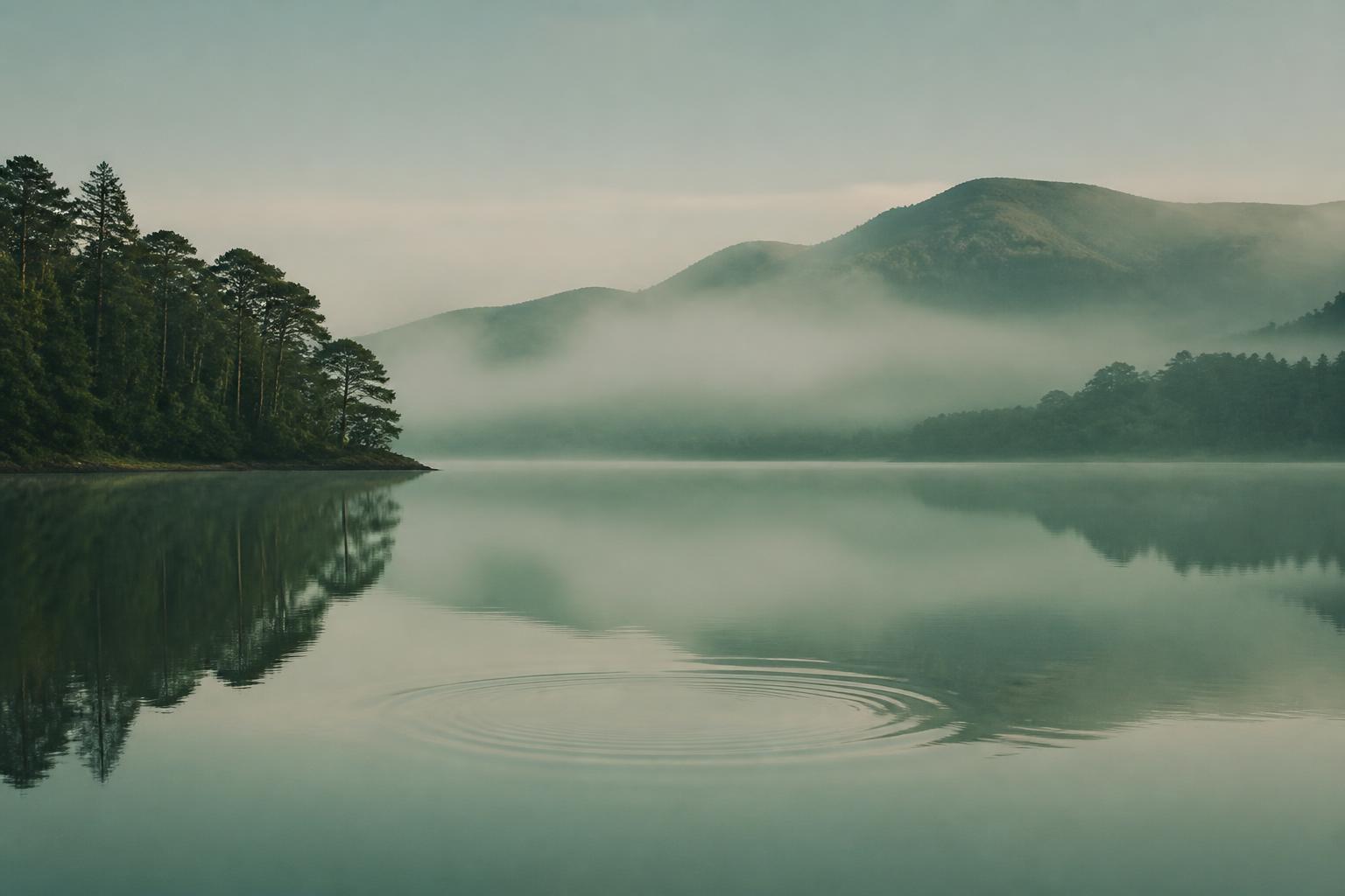 Still loch water at dawn with a single spreading ripple