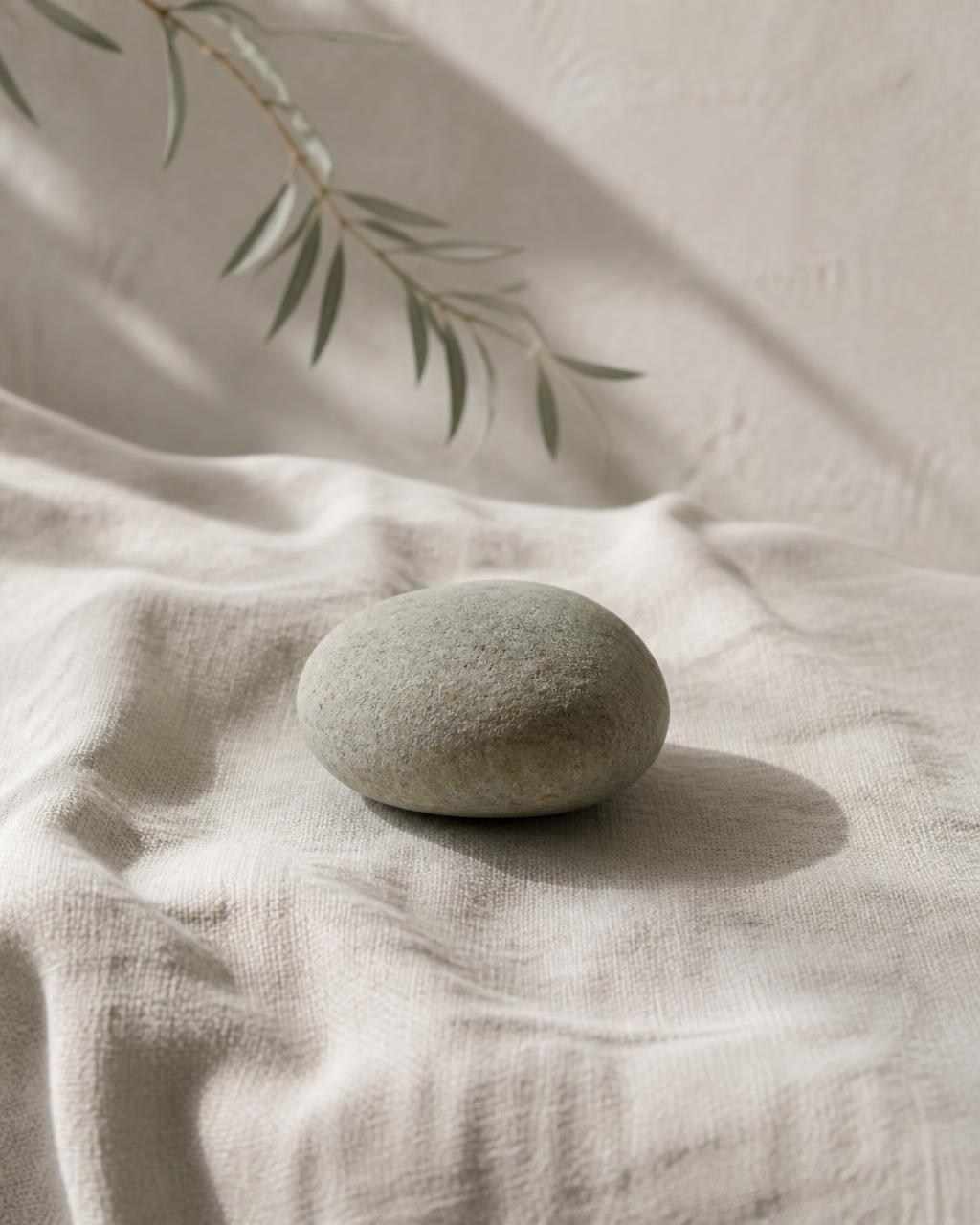 A smooth river stone resting on soft linen in morning light